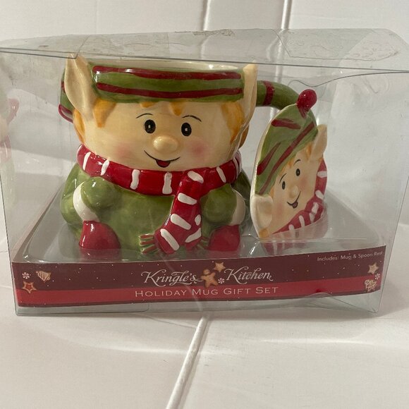 NOB Kringle's Kitchen Holiday Mug Gift Set: Elf Ceramic Mug & Spoon Rest Bad Box - Picture 1 of 11
